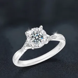 925 Sterling Silver Moissanite Ring For Women Twisted Halo Snowflake Ring D Color VVS1 Round Cut Engagement Wedding Jewelry
