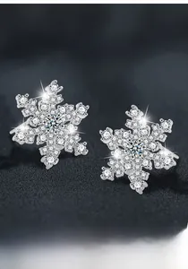 Detailed view of S925 sterling silver snowflake earrings with moissanite stones