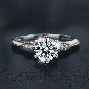 Classic S925 sterling silver moissanite engagement ring with six-prong setting and side stones