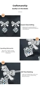Macro view of sterling silver bow earrings with moissanite stones and prong setting