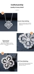Détail macro d'un pendentif trèfle en moissanite avec sertissage griffes et finition argentée