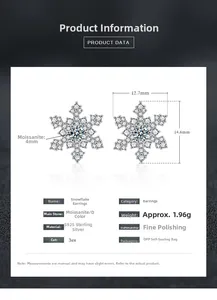 Detailed specs for S925 sterling silver snowflake earrings with 4mm Moissanite stones