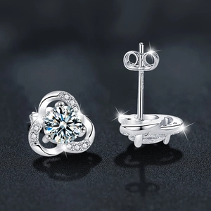 Sparkling S925 sterling silver clover moissanite stud earrings with a glossy finish