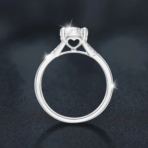 Classic S925 silver moissanite ring with four-prong heart setting and side stones