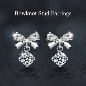 Luxury 925 Sterling Silver Bowknot Stud Earrings Moissanite Inlaid Sparkling Jewelry For Women Elegant Anniversary Gift