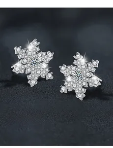 Macro shot of S925 sterling silver snowflake earrings with brilliant round cut moissanite