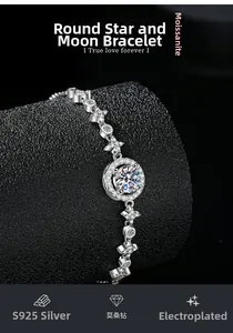 Macro shot of S925 sterling silver moon and star bracelet with moissanite stones