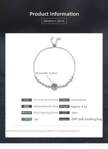 Detail specifications of S925 silver moissanite bracelet with star and moon charms