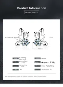 Spécifications de taille pour boucles d'oreilles papillon en argent S925 et moissanite