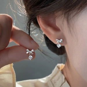 S925 sterling silver bowknot stud earrings with round moissanite drop for women