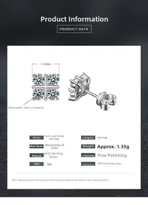 Detailed specs of S925 sterling silver clover earrings with D color moissanite stones