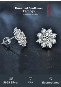 Vue macro de boucles d'oreilles tournesol en argent S925 avec moissanite et tiges filetées