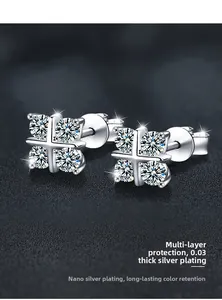 Close-up of S925 silver four-leaf clover moissanite earrings with premium plating