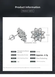 Spécifications des boucles d'oreilles tournesol en argent S925 avec moissanite