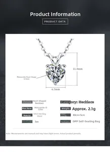 Gedetailleerde specificaties van de S925 zilveren hart moissaniet ketting met afmetingen