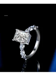 Detail of S925 silver ring featuring 3EX cut rectangular stone and 58 facets