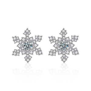 S925 sterling silver snowflake stud earrings with moissanite stones on white background