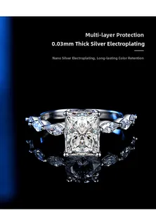 Detail of radiant cut moissanite ring with multi-layer silver plating for long-lasting shine