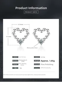 Detailed technical drawing of heart-shaped S925 silver studs with 4mm moissanite