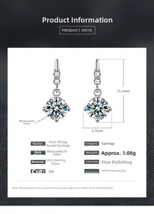 Detailed dimensions of S925 silver four-prong moissanite tassel stud earrings