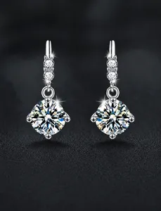 Detail of S925 sterling silver drop earrings with four-prong set 3EX cut moissanite