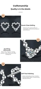 Detail of S925 silver heart stud earrings with sparkling moissanite in a prong setting
