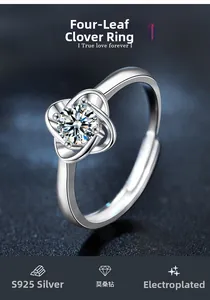 Detailed view of S925 sterling silver four-leaf clover ring with moissanite diamond inlay