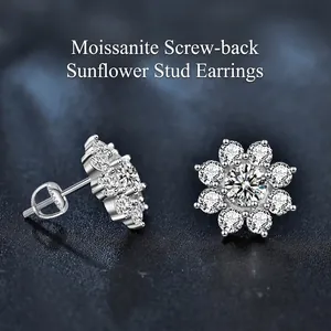 Boucles d'oreilles Clous en Argent Sterling 925 Moissanite Tournesol pour Femmes Minimaliste Dos à Vis Bijoux de Mariage