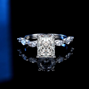 Luxurious S925 sterling silver ring with radiant cut moissanite and marquise side stones