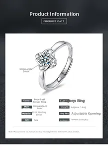 Macro detail of S925 sterling silver four-leaf clover ring with 5mm D color moissanite