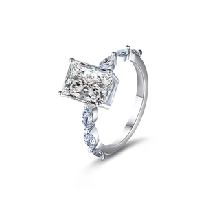 Sparkling S925 silver ring featuring a large rectangular moissanite stone and marquise side gems
