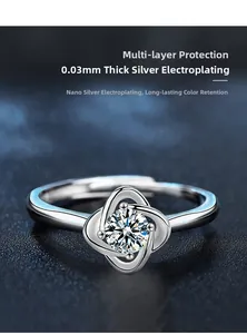 Macro detail of S925 silver four-leaf clover ring with thick nano-plated protective coating