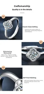 Detail of moissanite clover ring with S925 silver four-prong setting and polished finish
