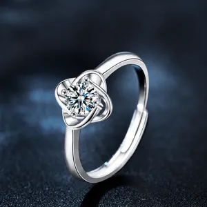 925 Sterling Silver Moissanite Four-leaf Clover Adjustable Ring For Women White Gold Plated Lucky Clover Open Ring Fashion Jewelry Gift