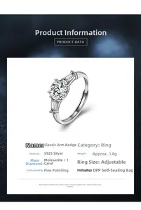 Detail view of adjustable S925 sterling silver ring with 1 carat moissanite and side stones