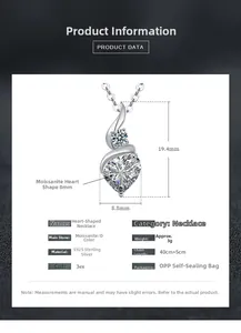 Detailed dimensions of S925 sterling silver heart moissanite pendant necklace