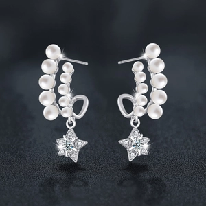 Elegant s925 silver star pearl earrings with double row of round pearls and crystals
