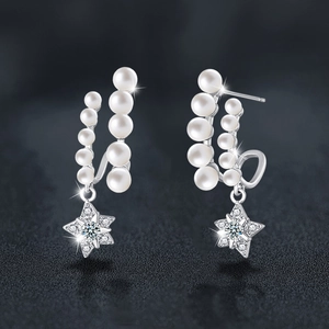 Elegant S925 silver star earrings with double-row white pearls and moissanite stones