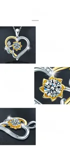 Dettaglio del ciondolo a cuore girasole in argento s925 con moissanite e petali d'oro