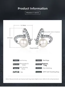 Detailed size specifications for S925 sterling silver pearl and moissanite stud earrings