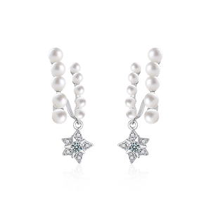Elegant S925 silver double-row pearl star stud earrings with sparkling moissanite accents