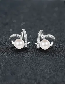 Detailed view of S925 silver pearl earrings with micro-pave moissanite accents