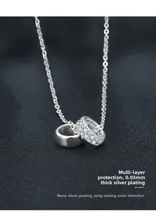 Detail of s925 silver interlocking rings necklace with nano plating for long-lasting color
