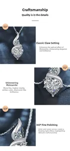 Macro detail of S925 sterling silver heart moissanite necklace with premium prong setting