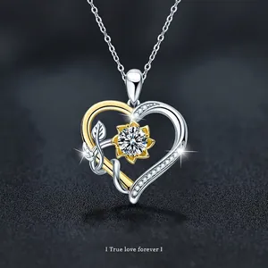 Collana Con Pendente a Cuore e Girasole in Argento Sterling S925 Moissanite Bicolore Oro Argento Gioielli Moda Donna Regalo