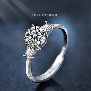 S925 Sterling Silver 1 Carat Moissanite Ring For Women Elegant Three Stone Baguette Adjustable Open Ring Wedding Jewelry