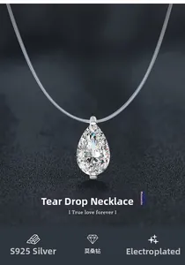 Macro view of teardrop moissanite pendant with invisible fishline and S925 silver base