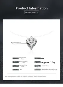 Gedetailleerde specificaties voor S925 zilveren hart moissanite ketting met afmetingen