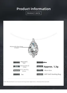 Specifications for teardrop moissanite necklace in S925 silver with D color 3EX cut details