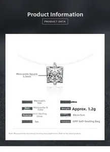 Détail du collier sirène en argent S925 avec pendentif carré en moissanite de 5,5 mm